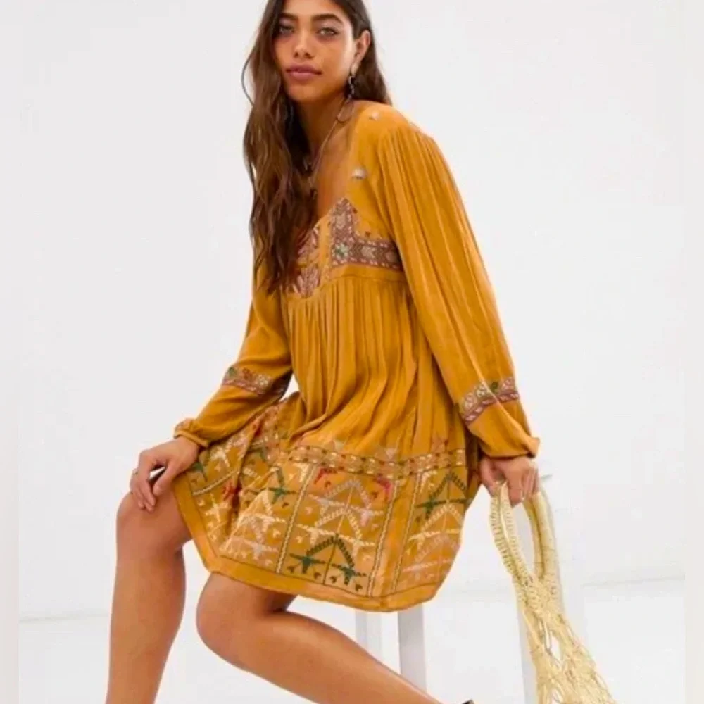 NWT Free People Mustard Yellow Bishop Sleeve Sundress Embroidered Small Mini
